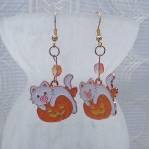 Handmade Halloween Dangle Earrings with White Cat and Orange Pumpkin, Boho Drop